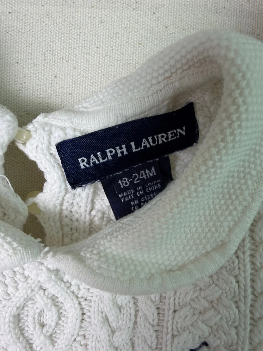 Baby Girl Ralph Lauren White Cable Knit Polo Dress with Navy Stripes